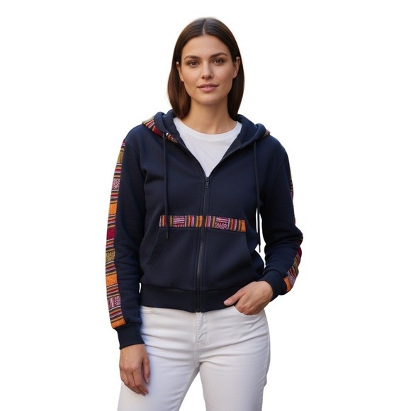 Rhea Costa Tops - NWT Rhea Artisan Fleece Hoodie Jacket Navy Boho Trim Zip Up Women Unisex L NWT